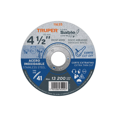 Disco para corte acero inoxidable, tipo 41, diámetro 4-1/2"