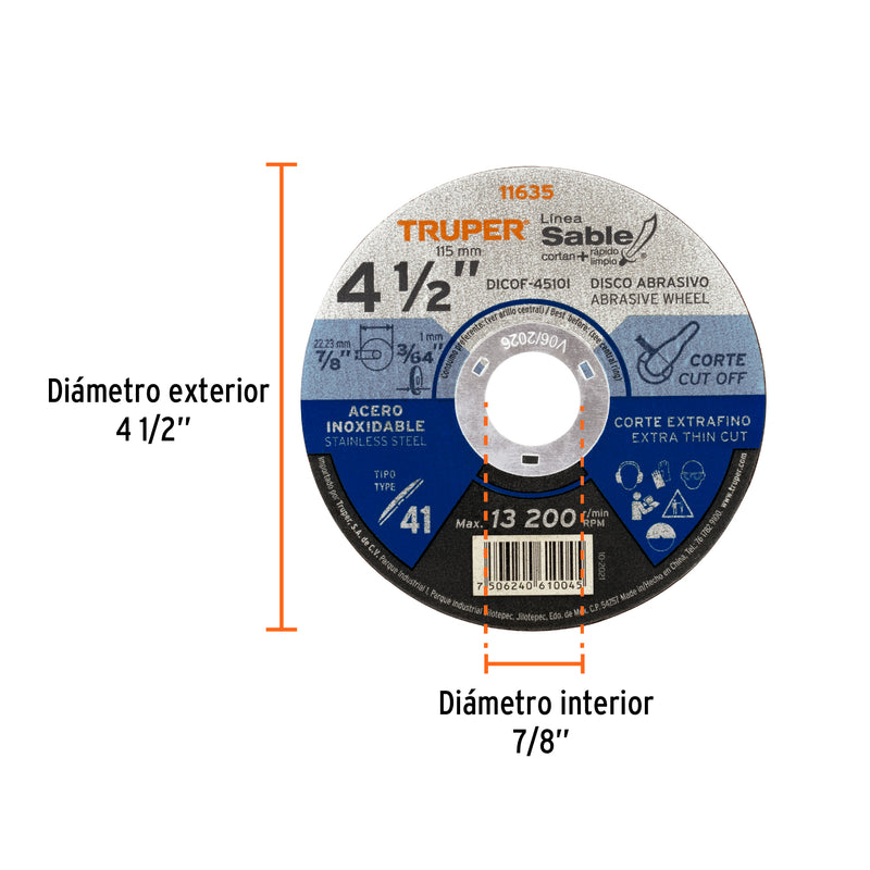 Disco para corte acero inoxidable, tipo 41, diámetro 4-1/2"