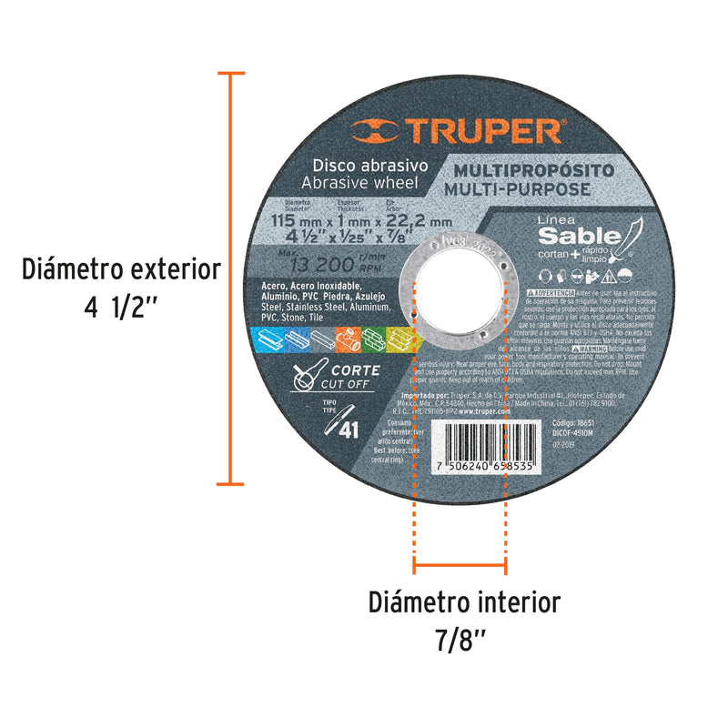 Disco Tipo 41 para corte multipropósito Línea Sable 4-1/2"