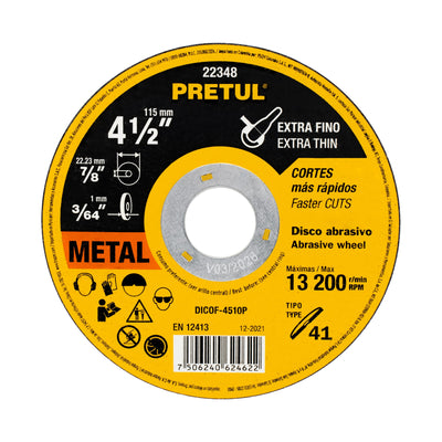 Disco Tipo 41 para corte fino de metal 4-1/2", 1.0 mm Pretul