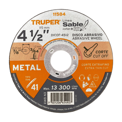 Disco Tipo 41, corte fino de metal, Línea Sable 4-1/2",1.2mm