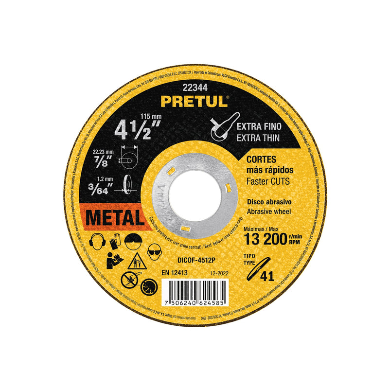 Disco Tipo 41 para corte fino de metal 4-1/2", 1.2 mm Pretul