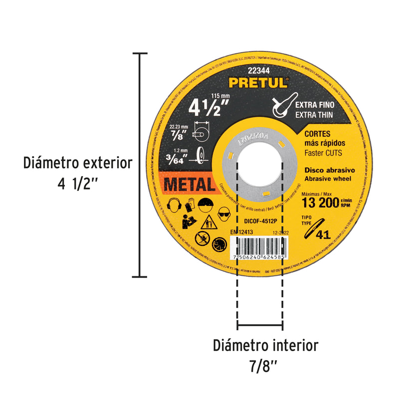 Disco Tipo 41 para corte fino de metal 4-1/2", 1.2 mm Pretul