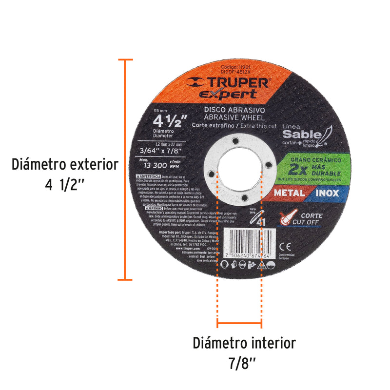 Disco tipo 41, corte metal, Línea Sable 4-1/2",1.2mm, Expert