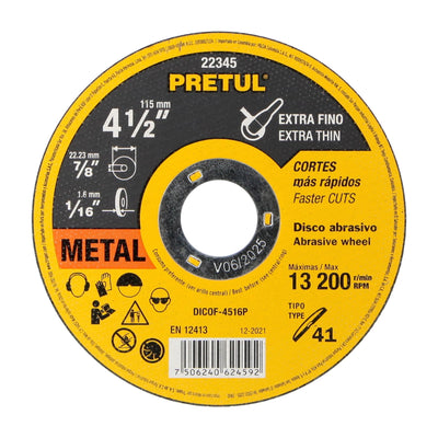 Disco Tipo 41 para corte fino de metal 4-1/2", 1.6 mm Pretul