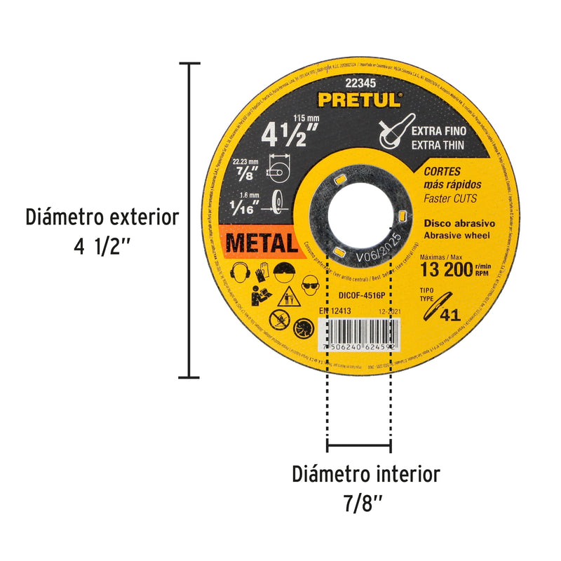 Disco Tipo 41 para corte fino de metal 4-1/2", 1.6 mm Pretul