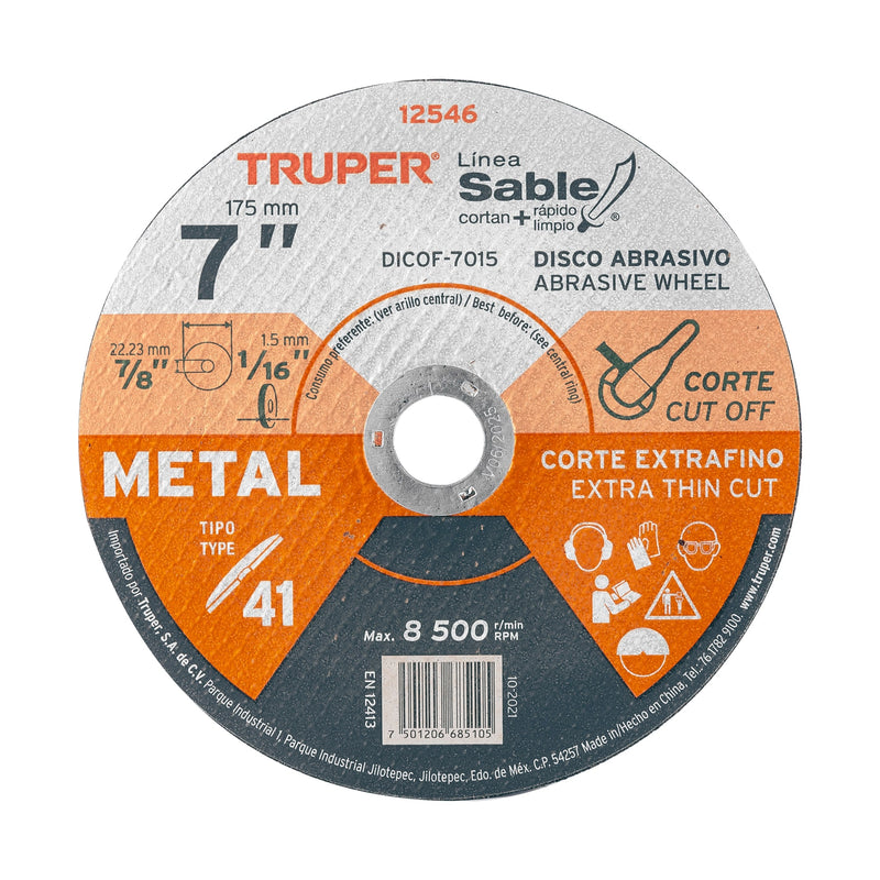 Disco Tipo 41 para corte fino de metal Línea Sable 7", 1.5mm