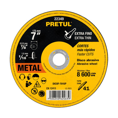 Disco Tipo 41 para corte fino de metal 7", 1.5 mm Pretul