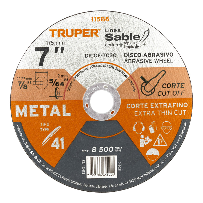 Disco Tipo 41 para corte fino de metal Línea Sable 7"