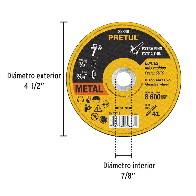 Disco Tipo 41 para corte fino de metal 7", 1.8 mm Pretul