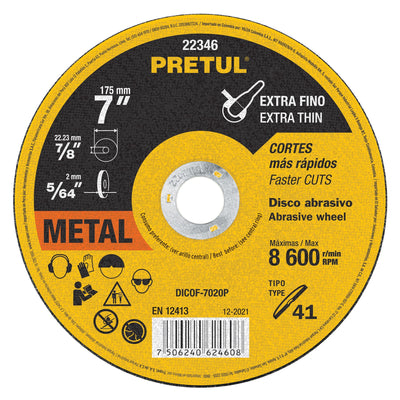 Disco Tipo 41 para corte fino de metal 7", 1.8 mm Pretul