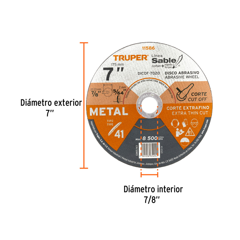Disco Tipo 41 para corte fino de metal Línea Sable 7"