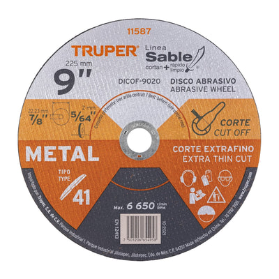 Disco Tipo 41 para corte fino de metal Línea Sable 9", 2mm