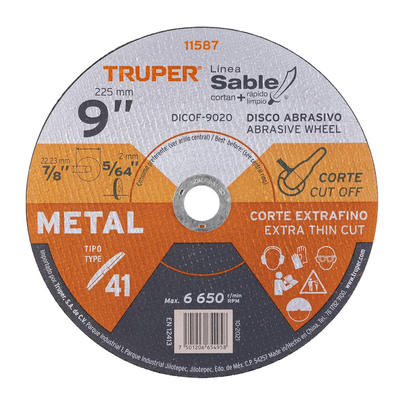 Disco Tipo 41 para corte fino de metal Línea Sable 9", 2mm