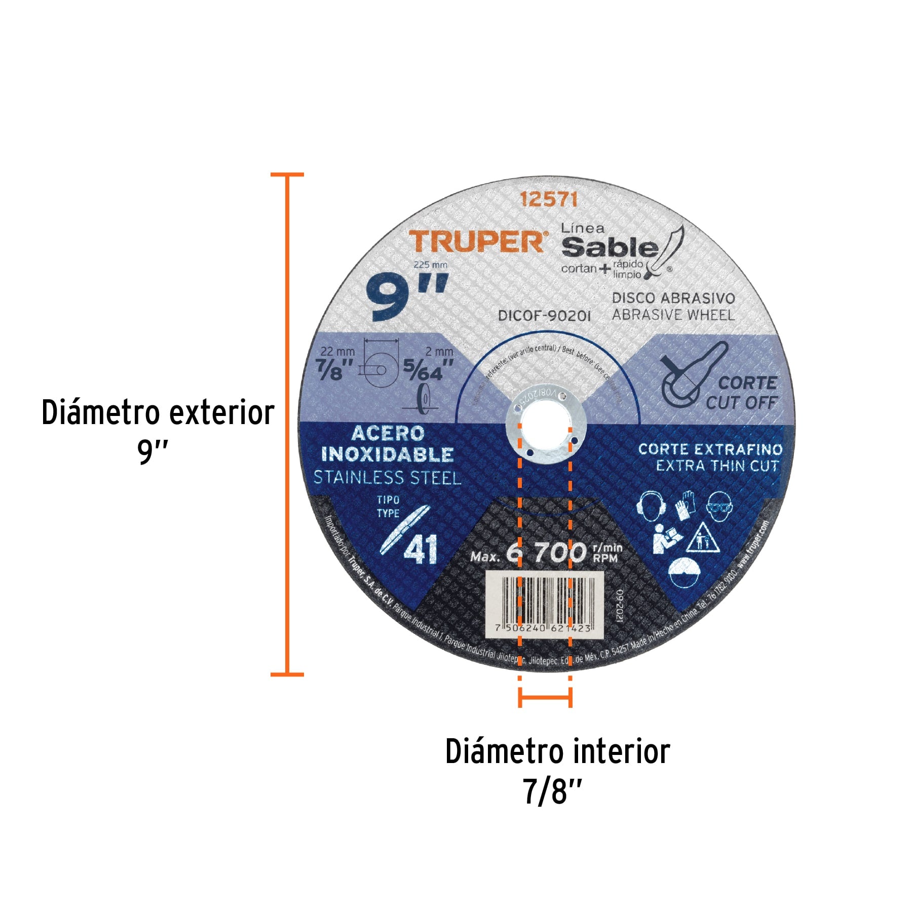 Disco p/corte acero inox., T41, diámetro 9", alto rendimient