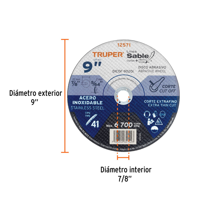 Disco p/corte acero inox., T41, diámetro 9", alto rendimient