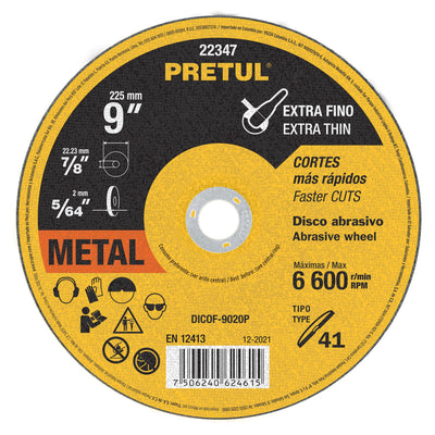 Disco Tipo 41 para corte fino de metal 9", 2 mm Pretul