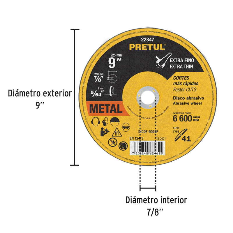 Disco Tipo 41 para corte fino de metal 9", 2 mm Pretul