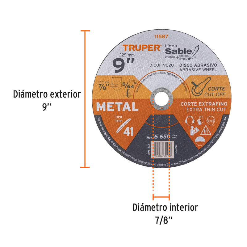 Disco Tipo 41 para corte fino de metal Línea Sable 9", 2mm