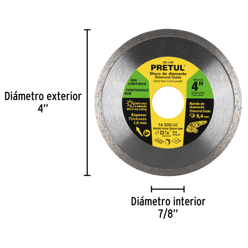Disco de diamante, rin continuo, 4", Pretul