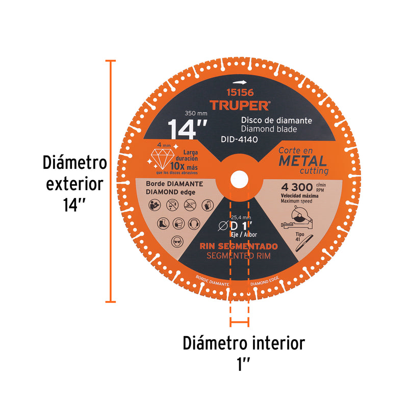 Disco de diamante, rin segmentado, 14" para corte metal