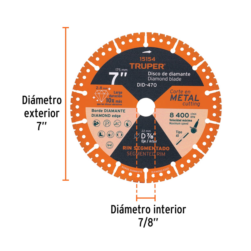 Disco de diamante, rin segmentado, 7" para corte metal