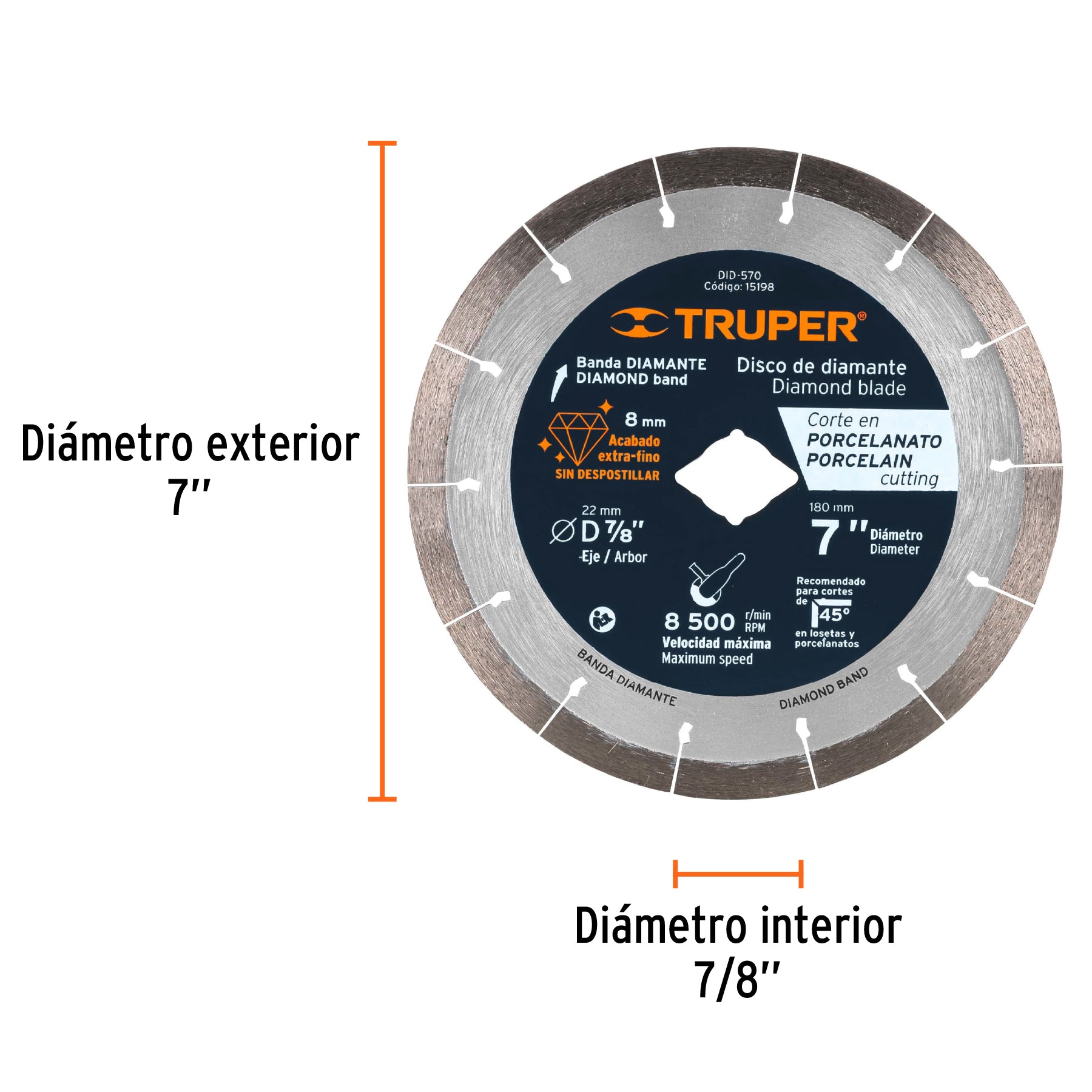 Disco de diamante, rin continuo, 7" para corte porcelanato