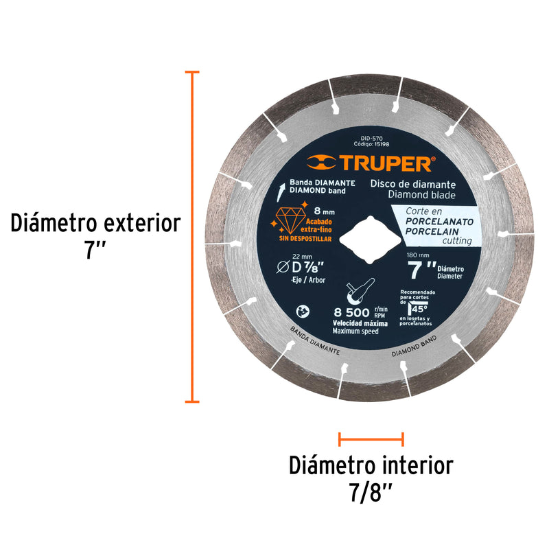 Disco de diamante, rin continuo, 7" para corte porcelanato