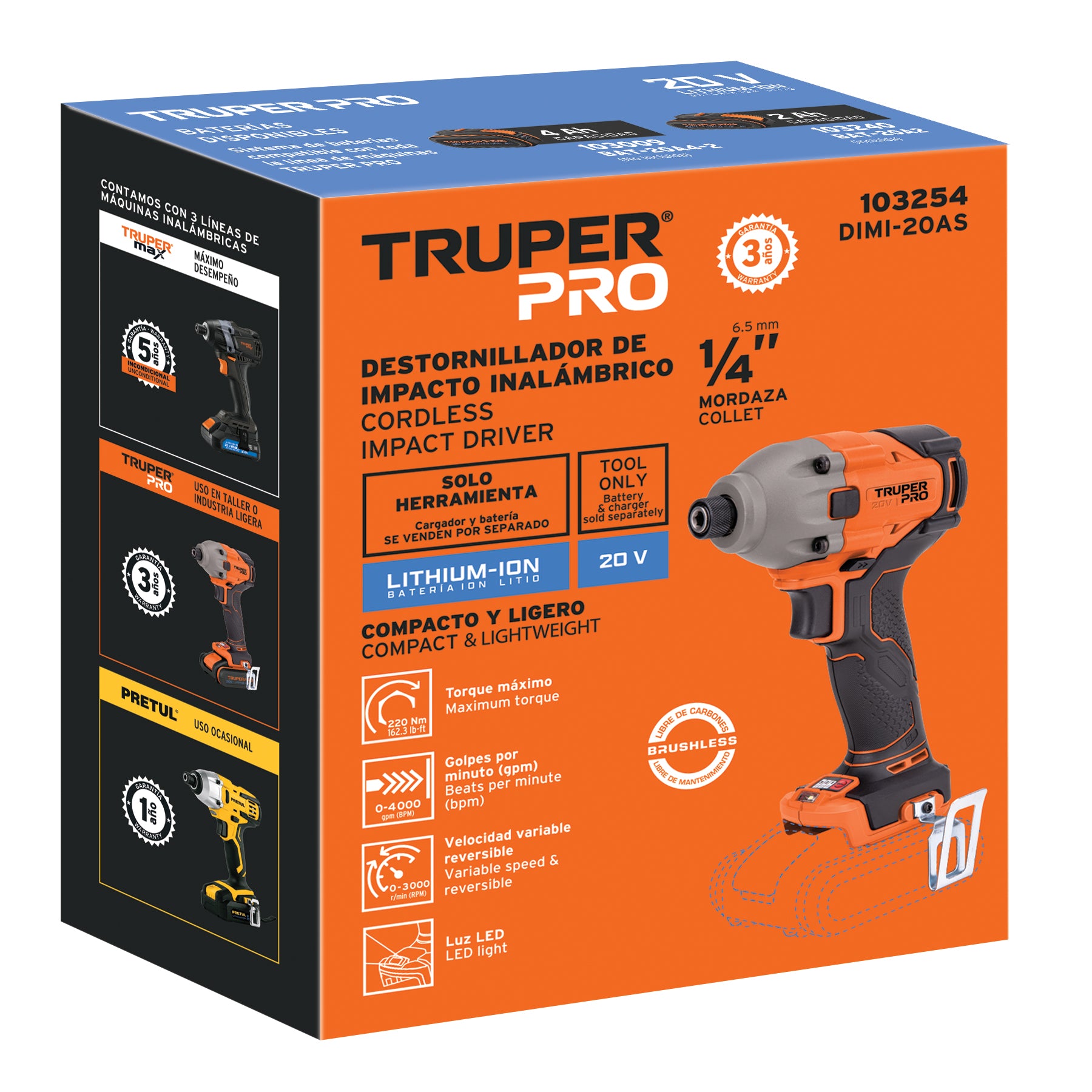 Destornillador impacto inal. 1/4', 20 V, s/accesorios, PRO