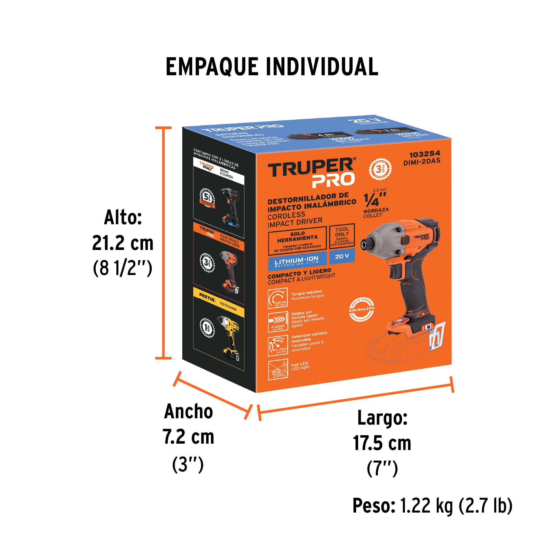 Destornillador impacto inal. 1/4', 20 V, s/accesorios, PRO