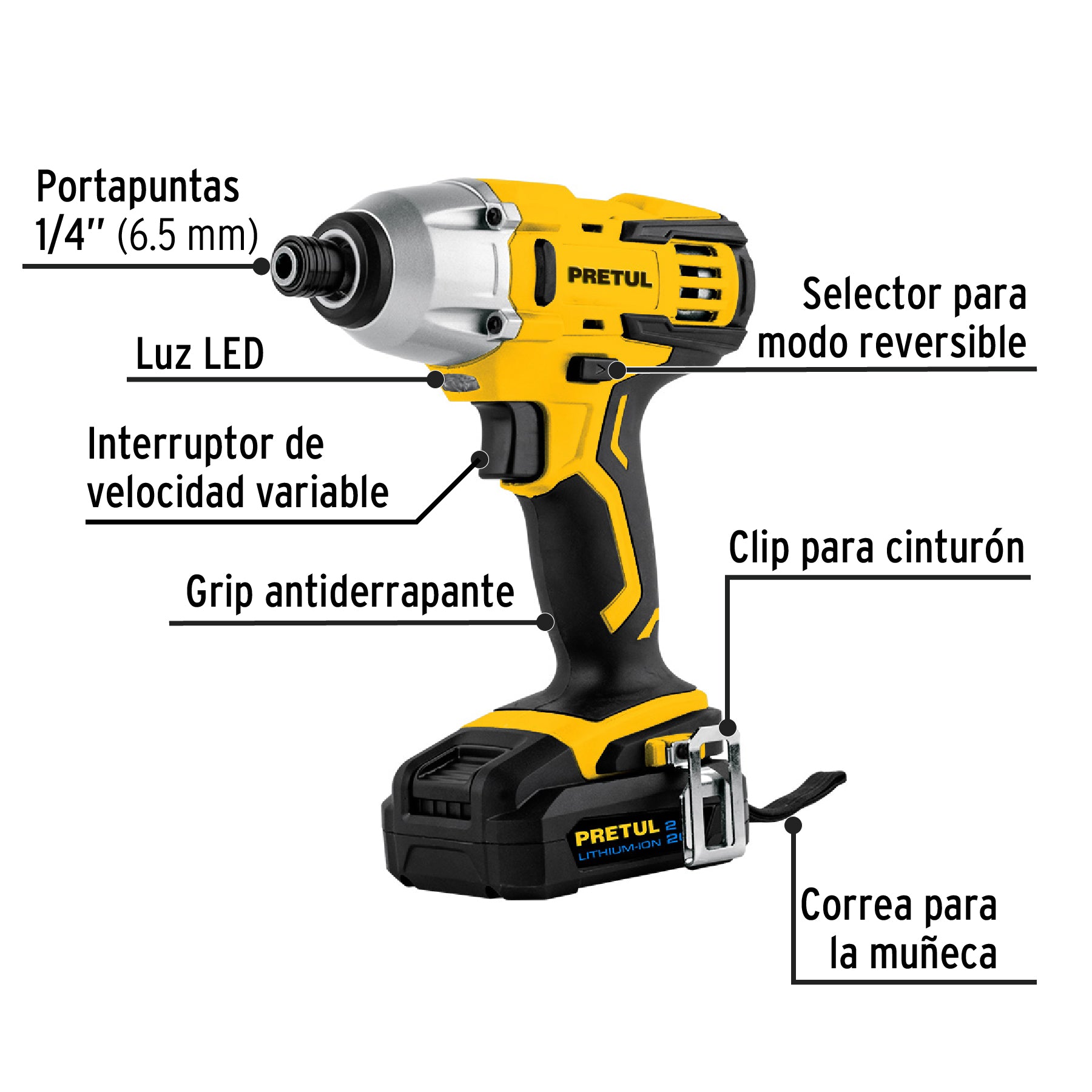 Destornillador de impacto inalámbrico 1/4', 20 V, Pretul