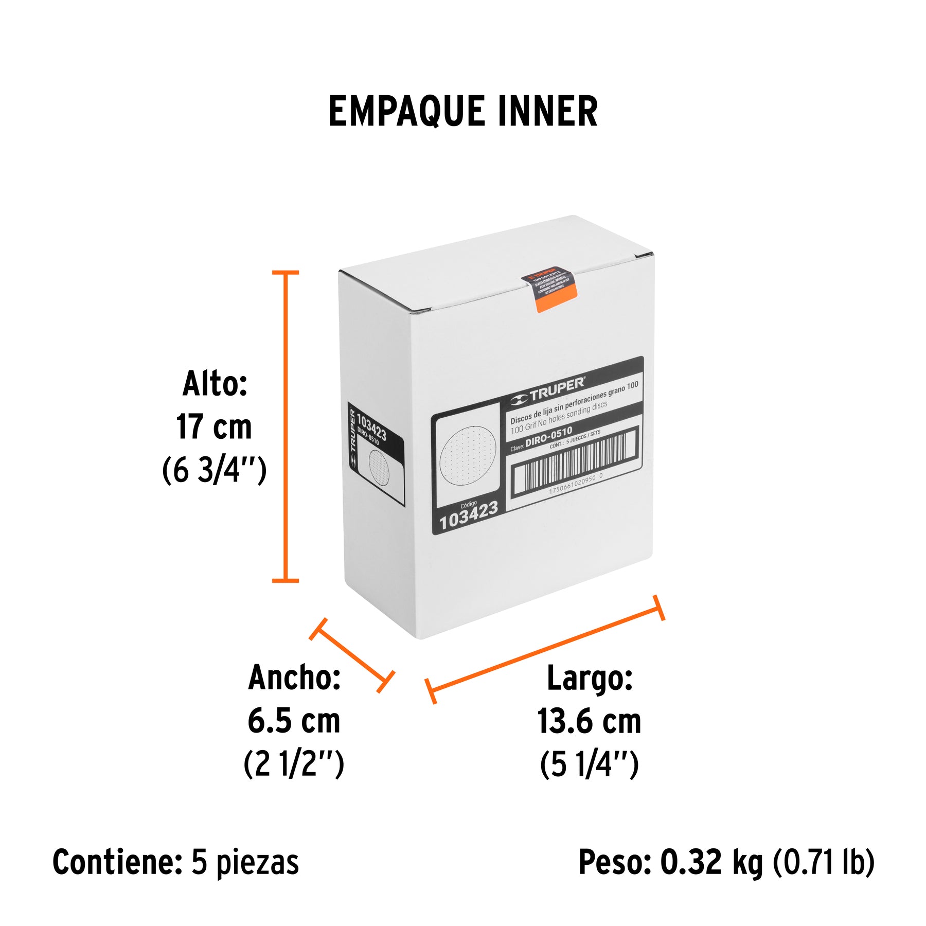 Caja 5 discos de lija p/madera 5' grano 100, velcro, s/perf.