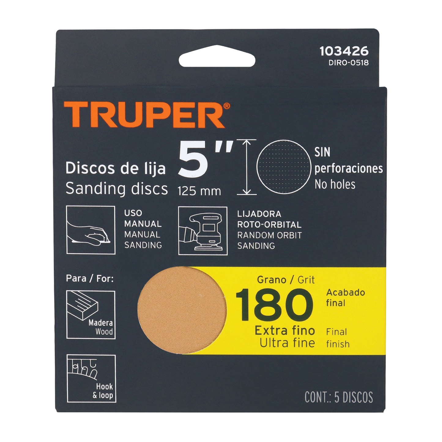 Caja 5 discos de lija p/madera 5' grano 180, velcro, s/perf.