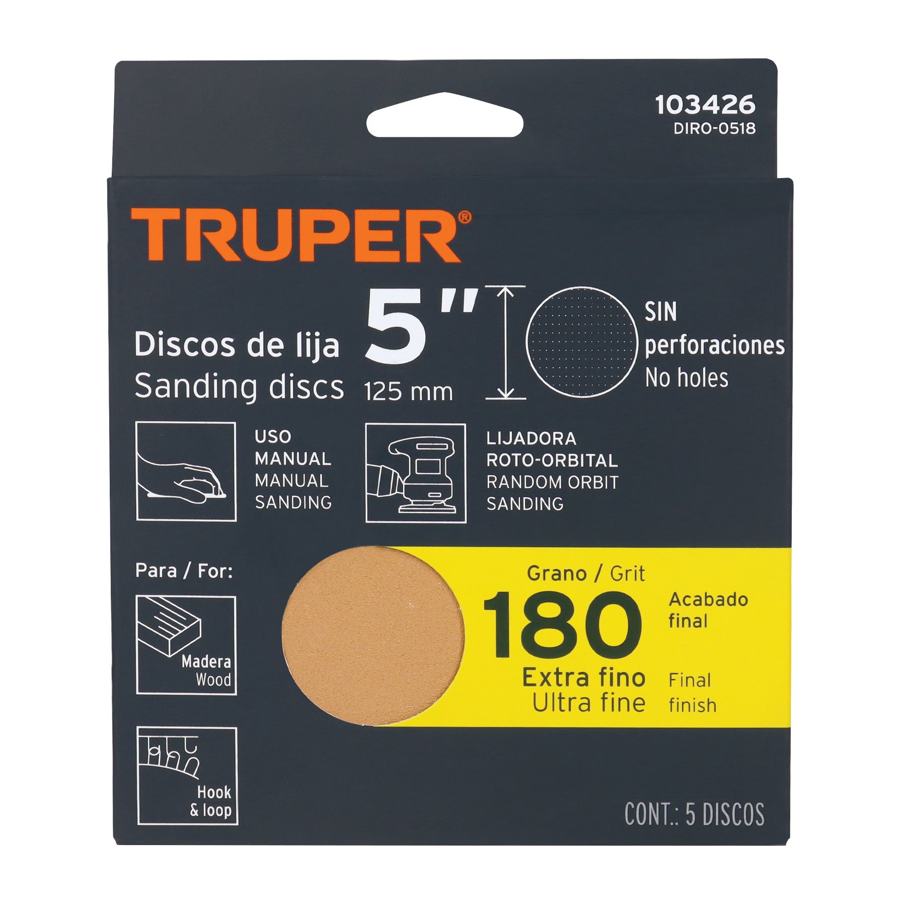 Caja 5 discos de lija p/madera 5' grano 180, velcro, s/perf.