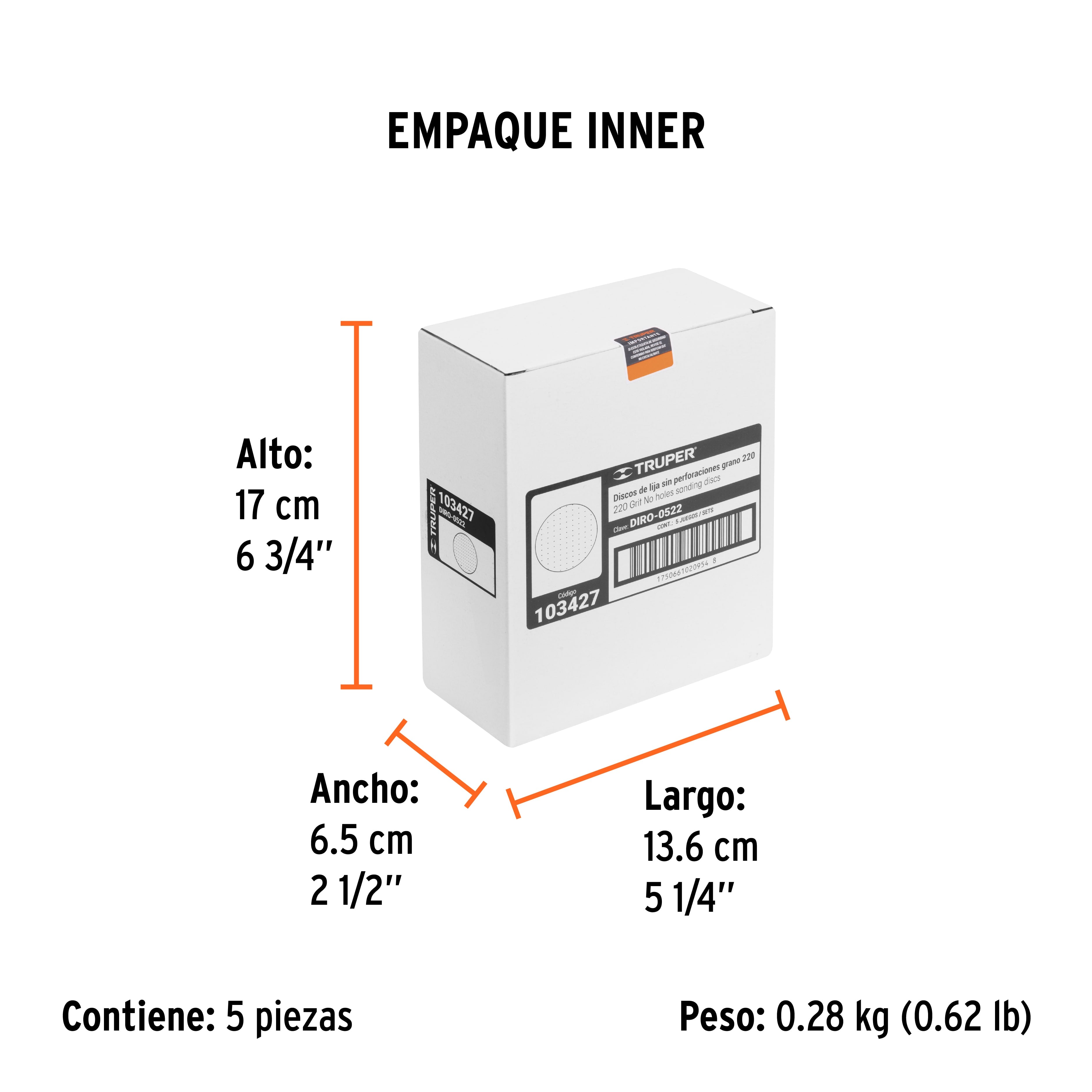 Caja 5 discos de lija p/madera 5' grano 220, velcro, s/perf.