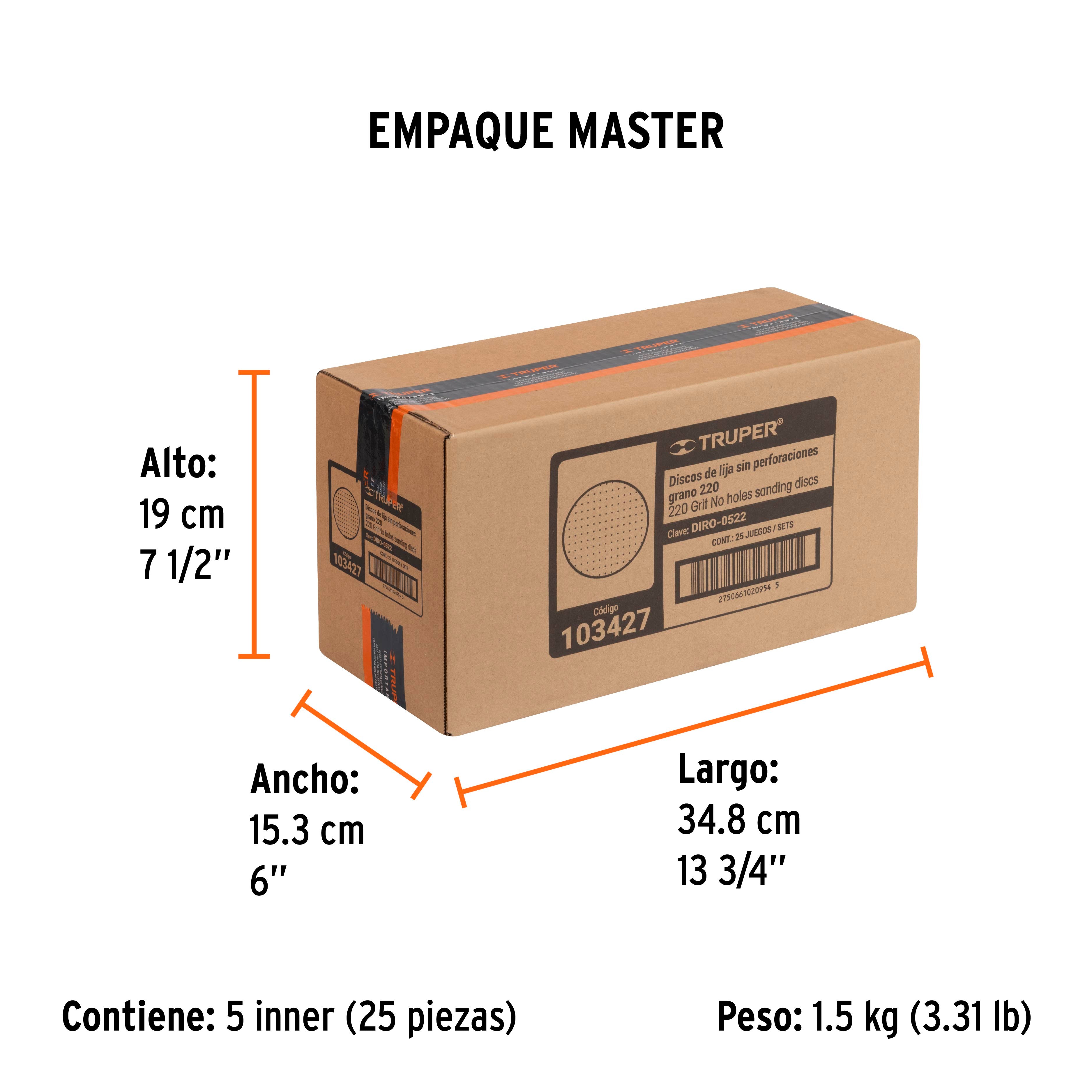 Caja 5 discos de lija p/madera 5' grano 220, velcro, s/perf.