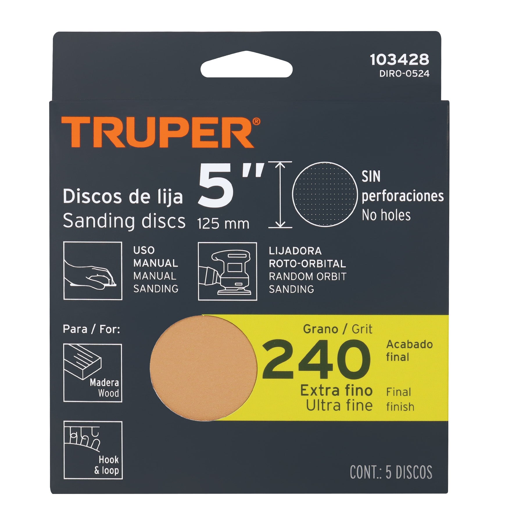 Caja 5 discos de lija p/madera 5' grano 240, velcro, s/perf.