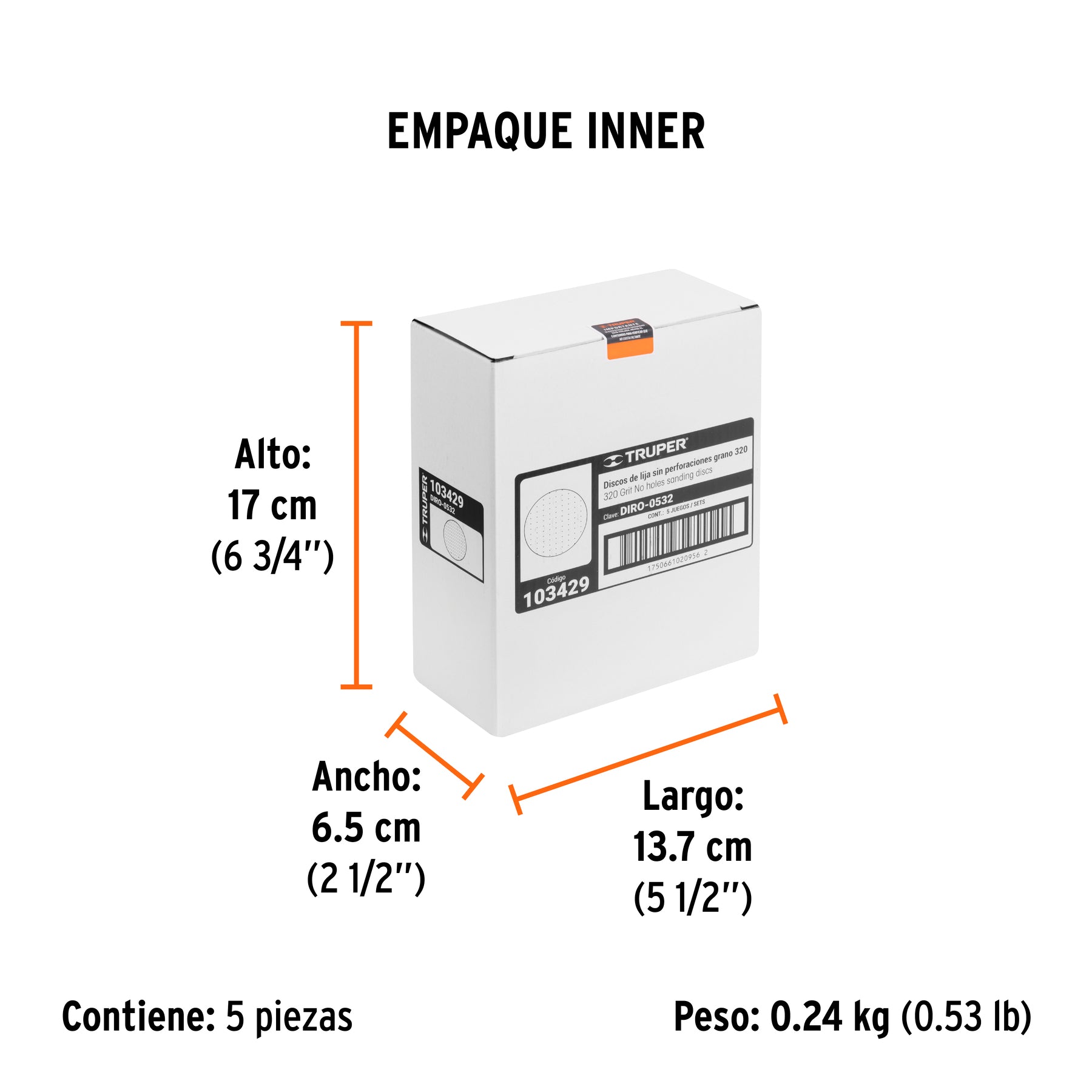 Caja 5 discos de lija p/madera 5' grano 320, velcro, s/perf.