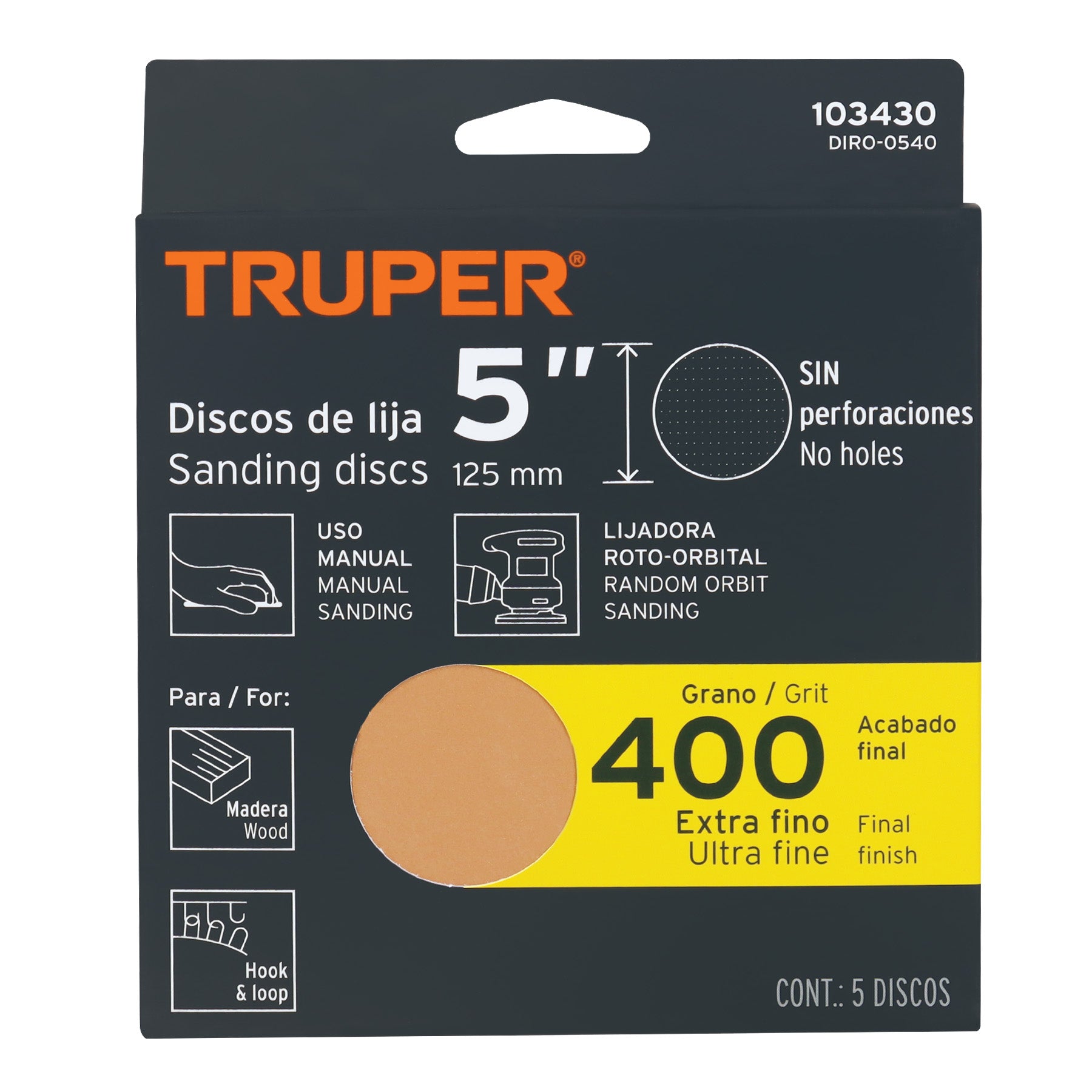 Caja 5 discos de lija p/madera 5' grano 400, velcro, s/perf.