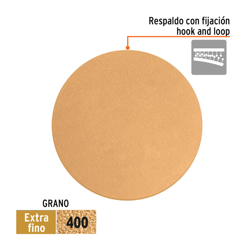 Caja 5 discos de lija p/madera 5' grano 400, velcro, s/perf.