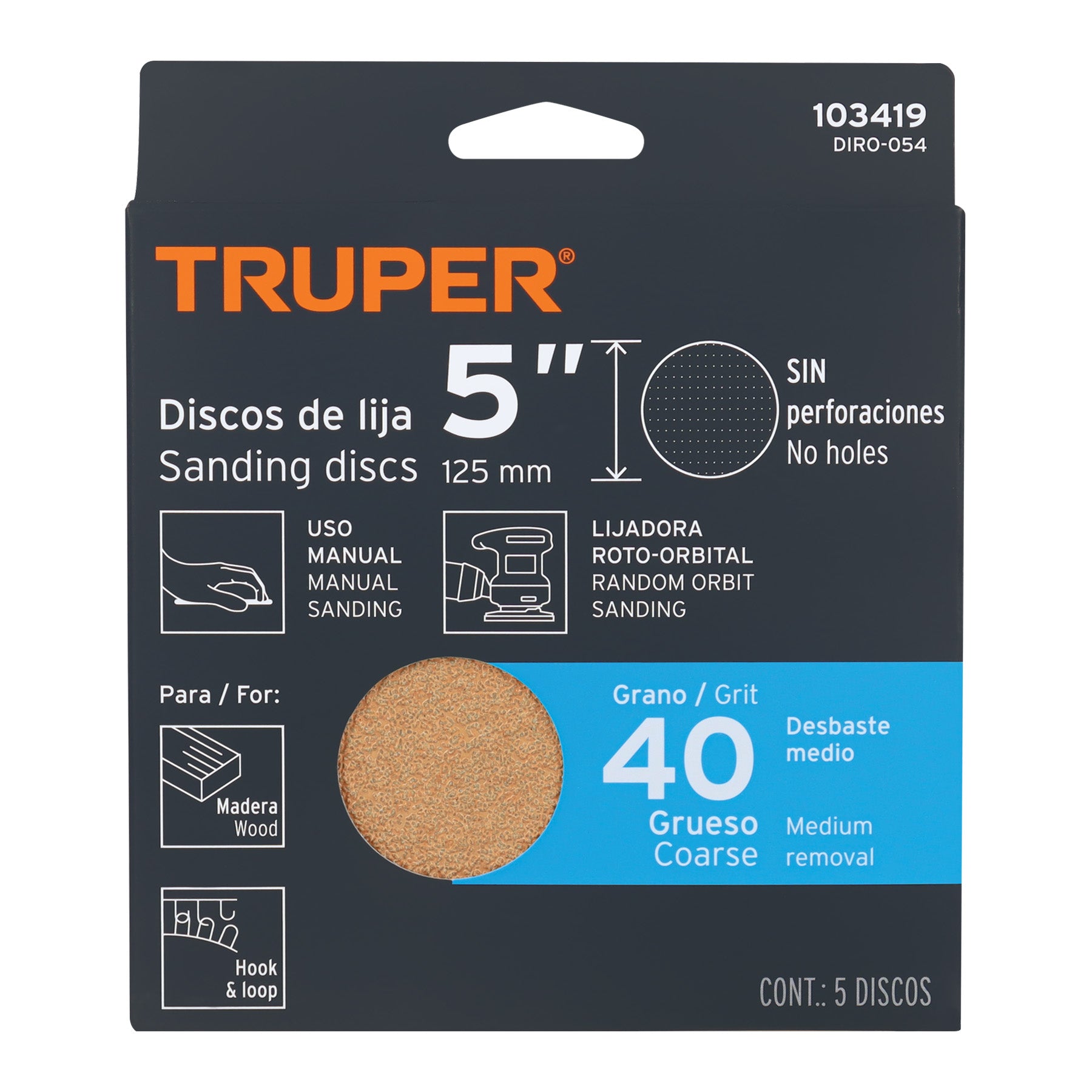 Caja 5 discos de lija p/madera 5' grano 40, velcro, s/perf.