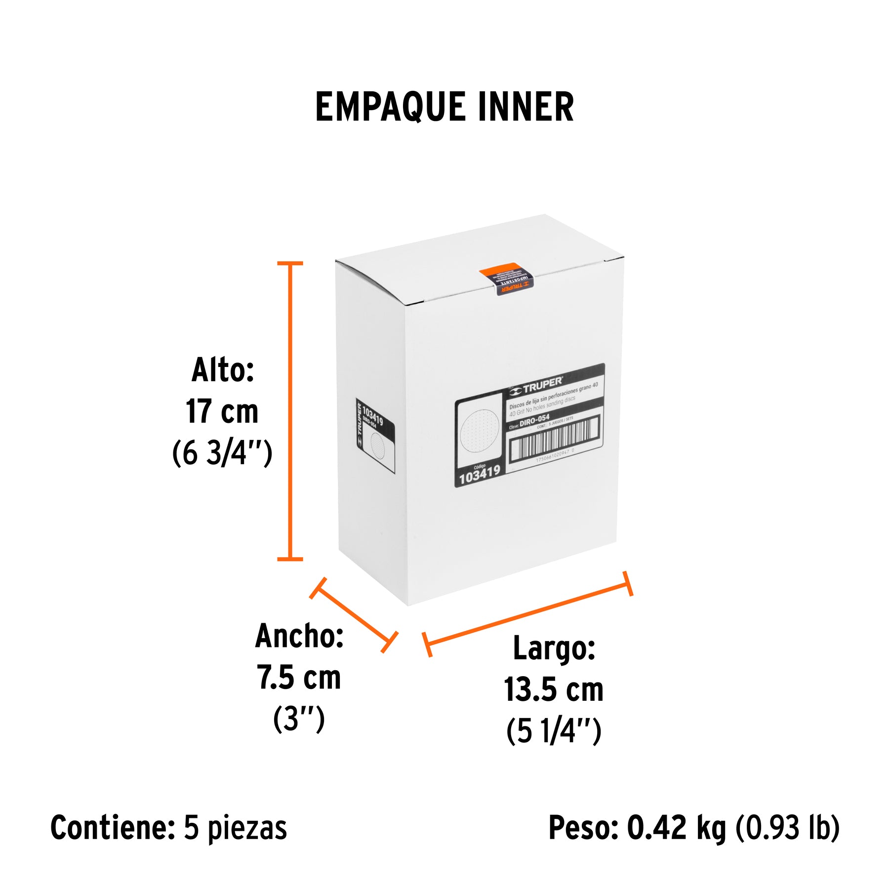 Caja 5 discos de lija p/madera 5' grano 40, velcro, s/perf.