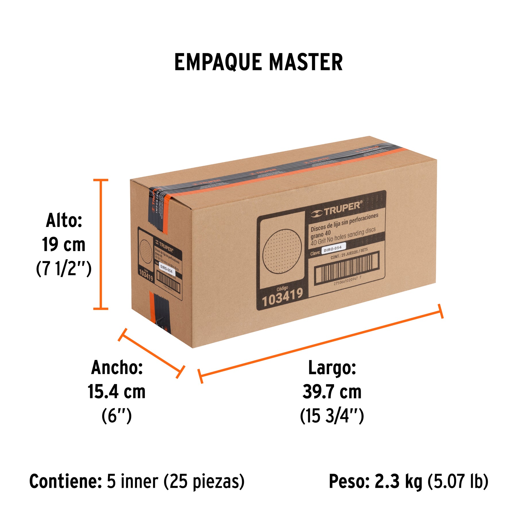 Caja 5 discos de lija p/madera 5' grano 40, velcro, s/perf.