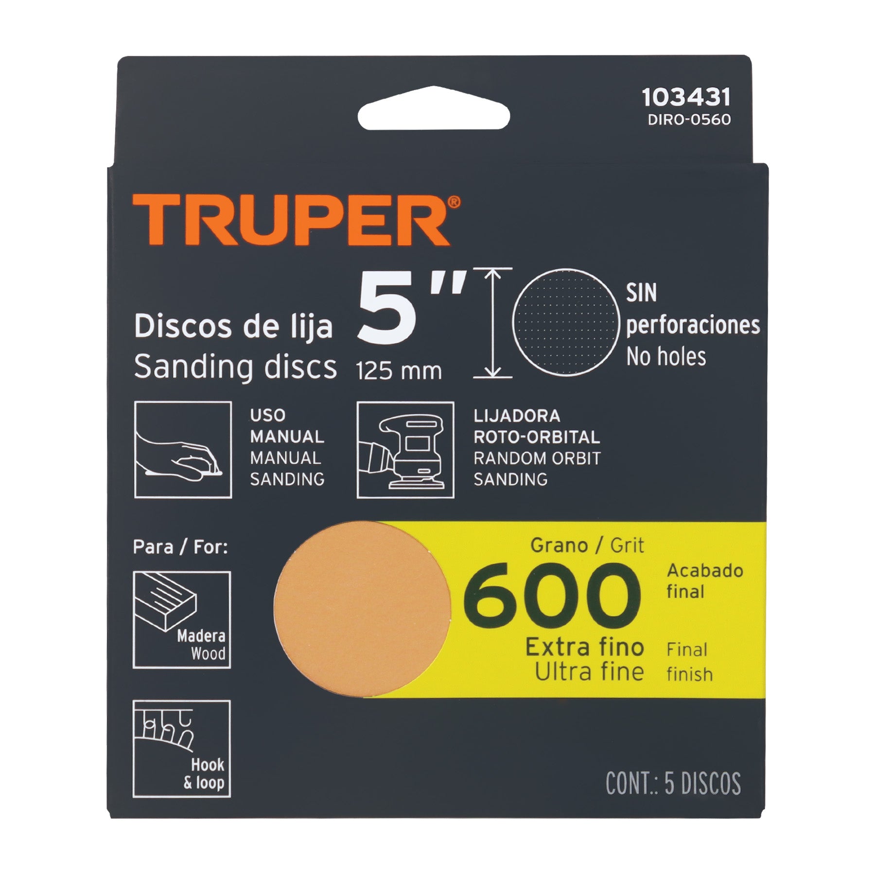 Caja 5 discos de lija p/madera 5' grano 600, velcro, s/perf.