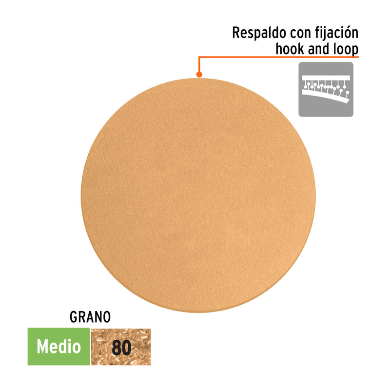 Caja 5 discos de lija p/madera 5' grano 80, velcro, s/perf.
