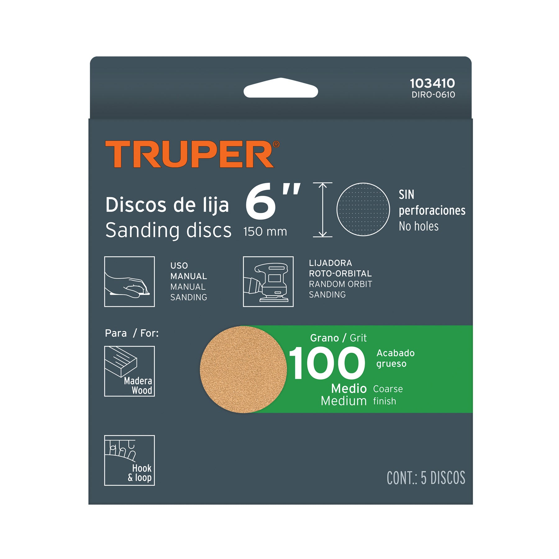 Caja 5 discos de lija p/madera 6' grano 100, velcro, s/perf.