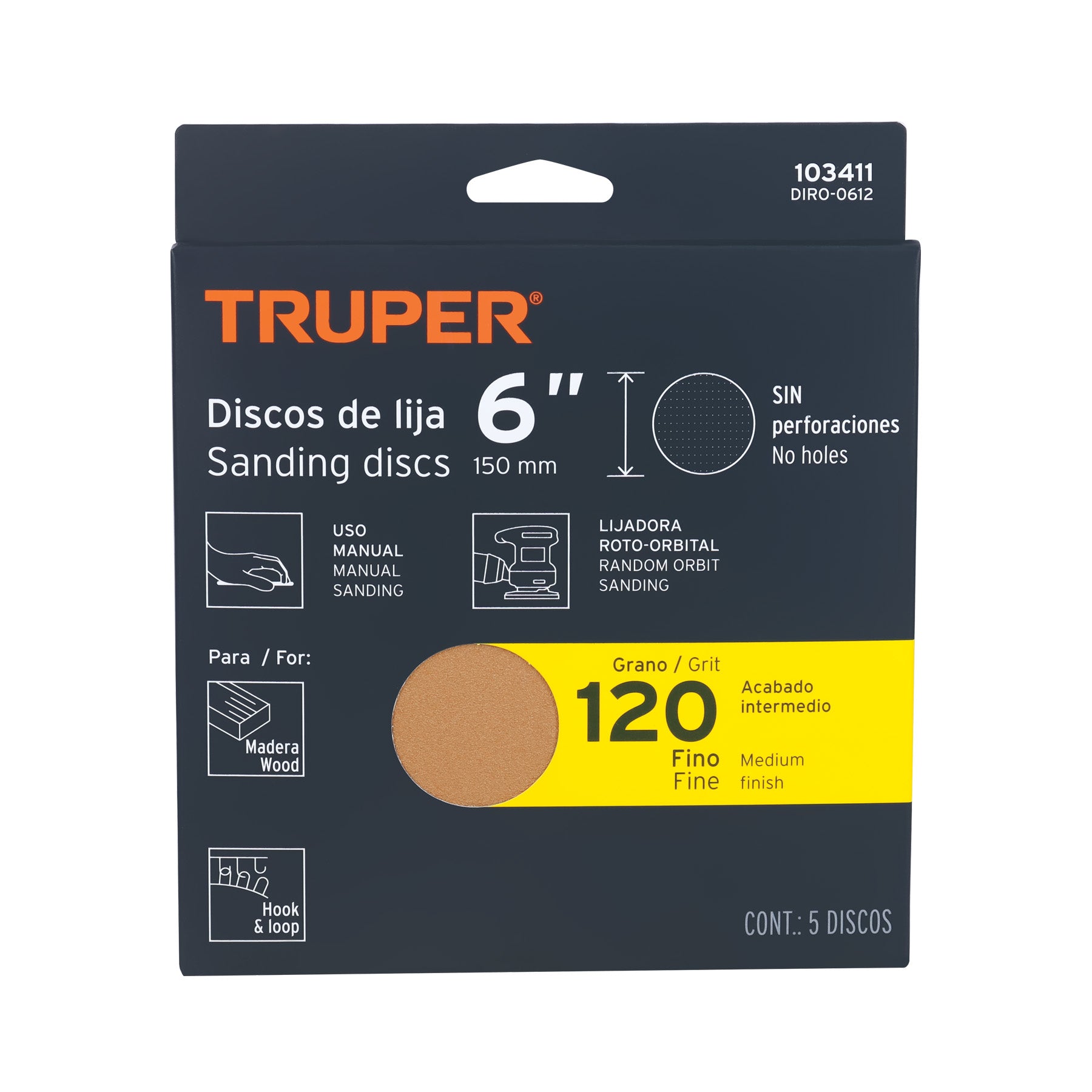 Caja 5 discos de lija p/madera 6' grano 120, velcro, s/perf.