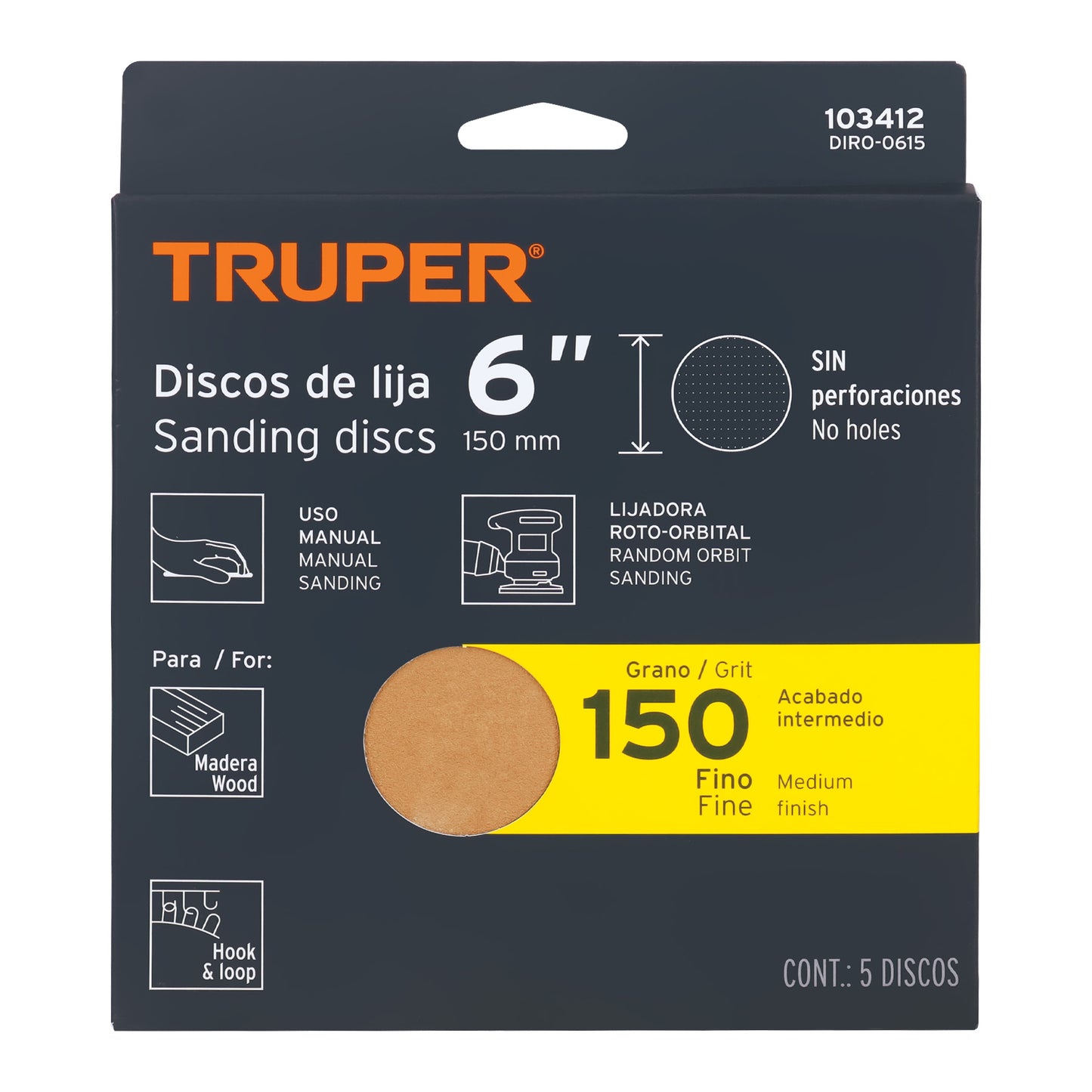 Caja 5 discos de lija p/madera 6' grano 150, velcro, s/perf.