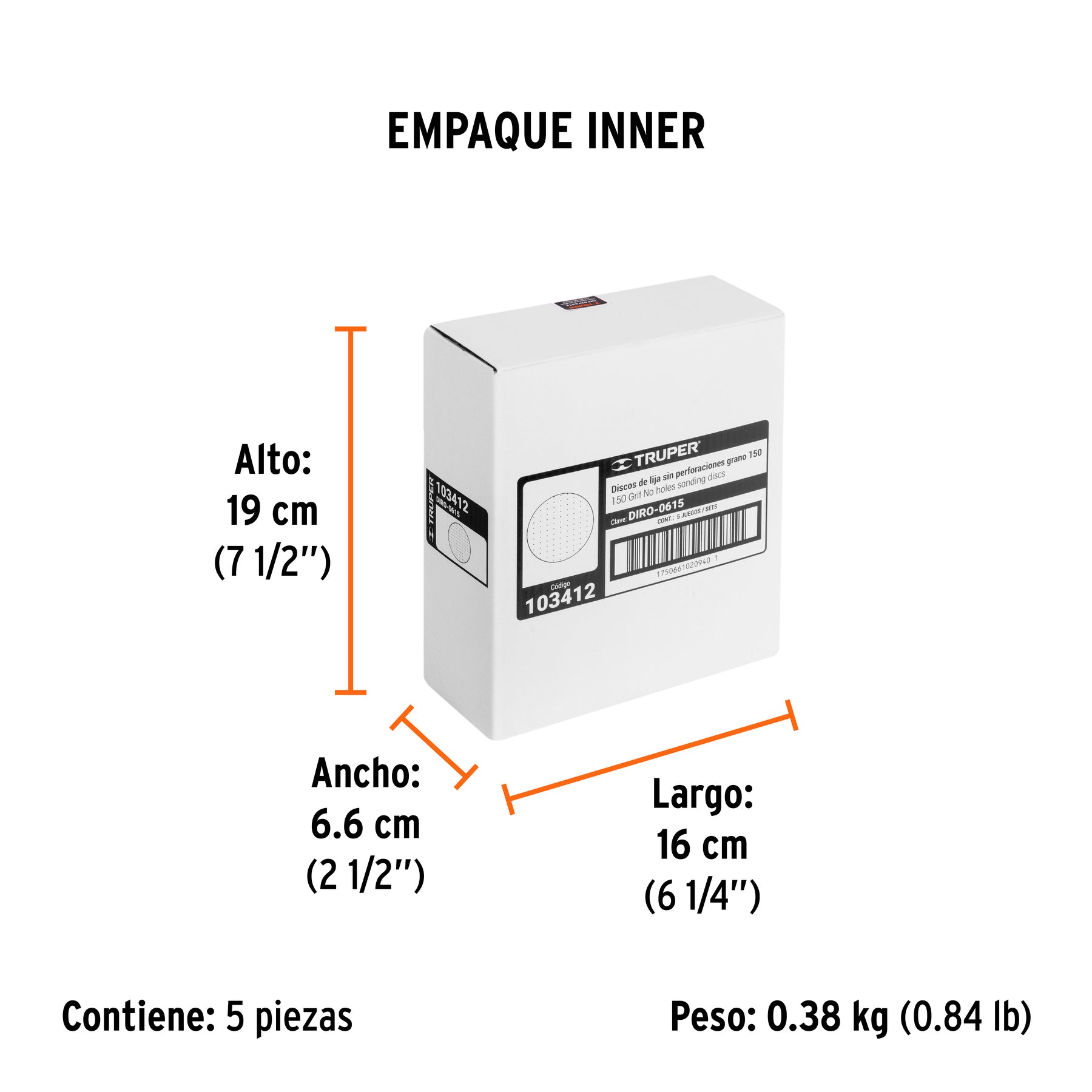 Caja 5 discos de lija p/madera 6' grano 150, velcro, s/perf.
