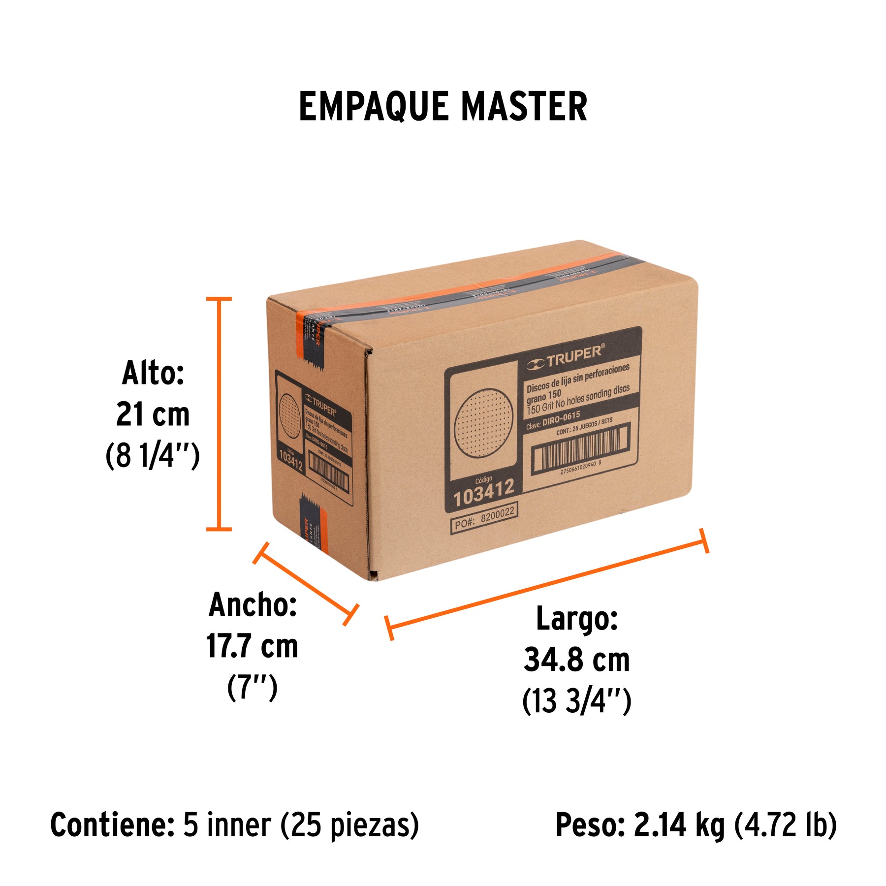 Caja 5 discos de lija p/madera 6' grano 150, velcro, s/perf.